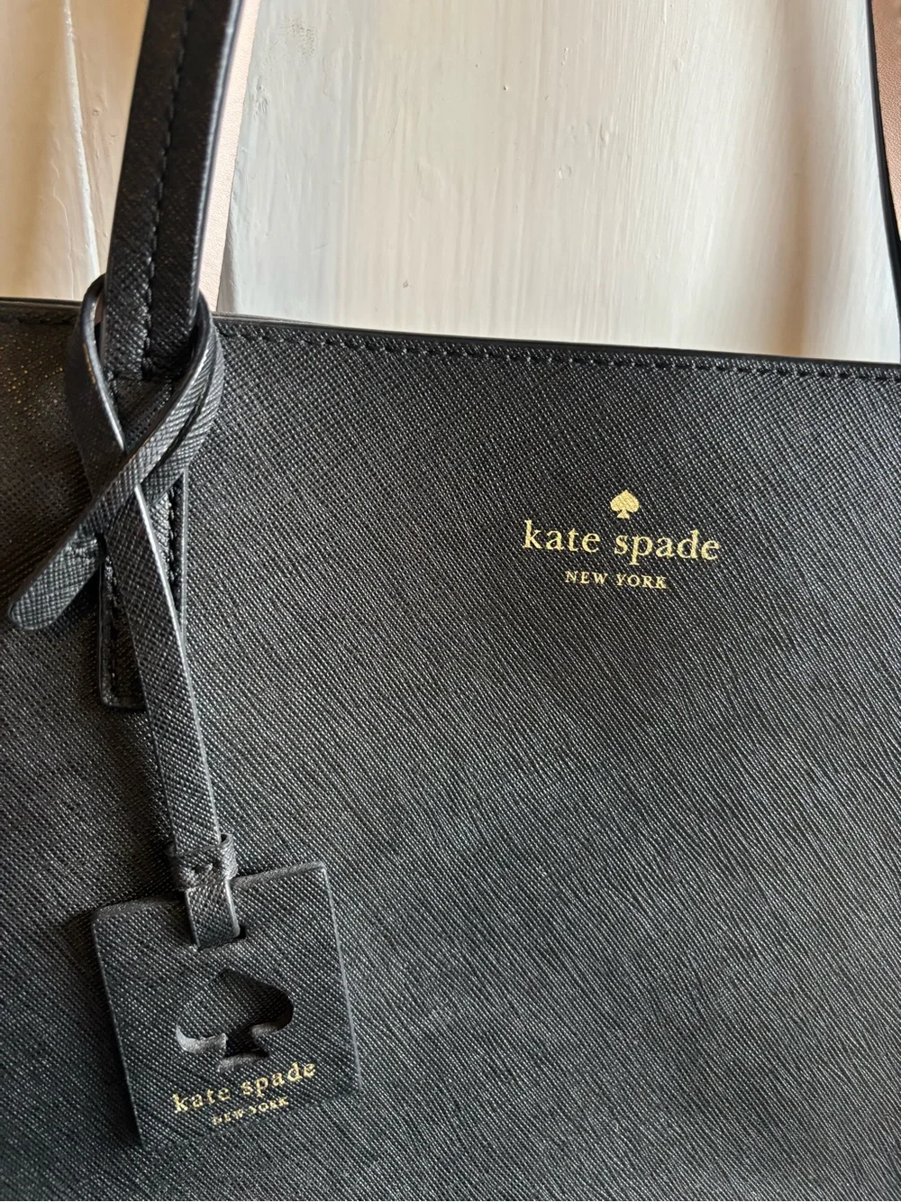 kate spade Black Leather Textured Tote with Gold Logo